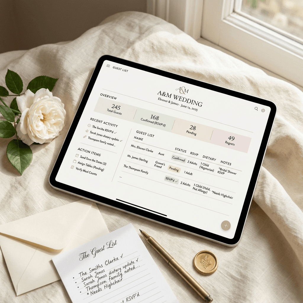 Editorial wedding guest management dashboard mockup